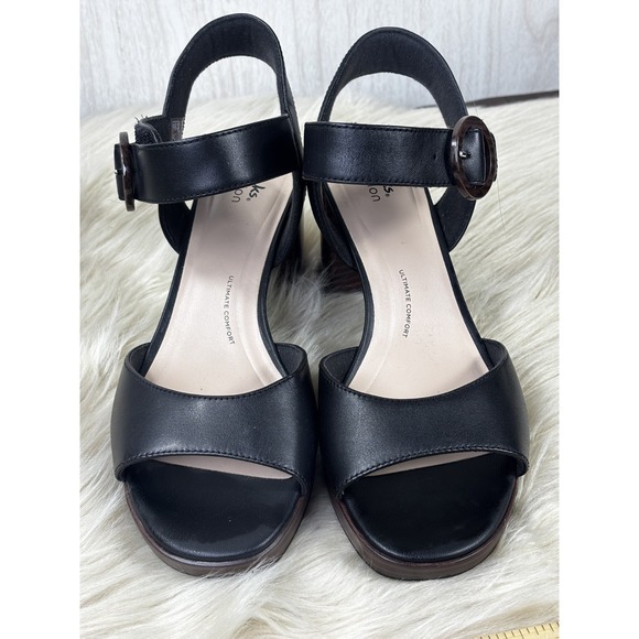 Clarks AmbyrLyn Sandal 10 Black Leather Block Heel Comfort Preppy Chic Shoe - Picture 5 of 8